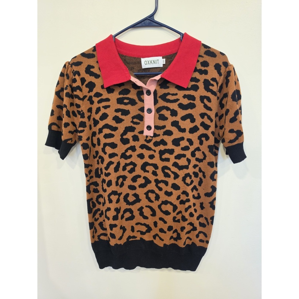 OXKNIT Leopard Print Polo Sweater Women's Small Cotton Retro Eclectic Rockabilly